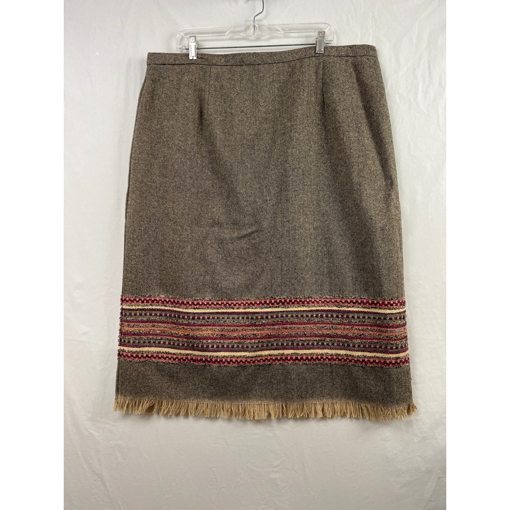 Sag Harbor Midi Skirt Women 22W Brown Tweed Blanket Border Fringe Hem Southwest